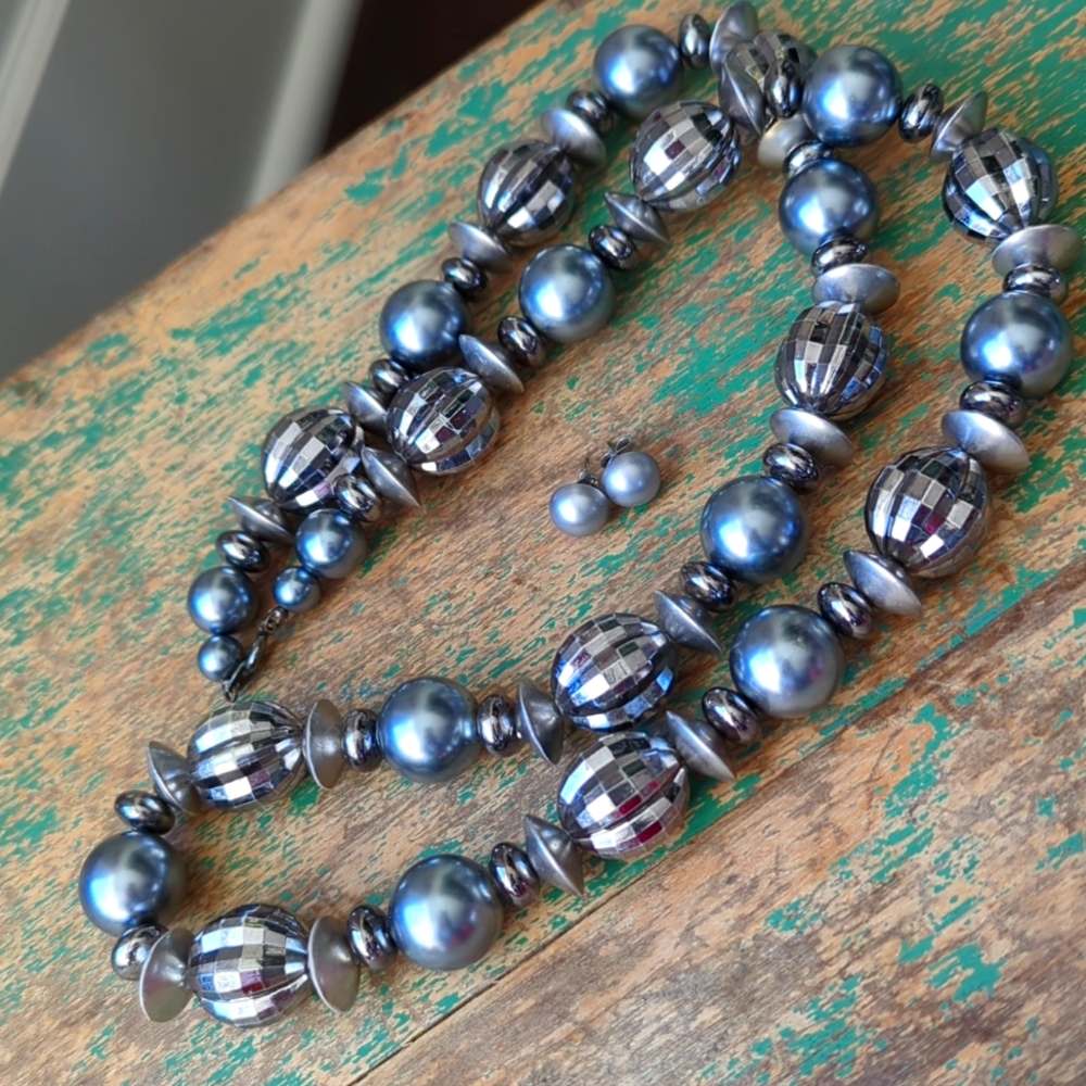 Vintage '70s Silver Disco Ball and Faux Pearl Beaded Necklace & Earrings Set